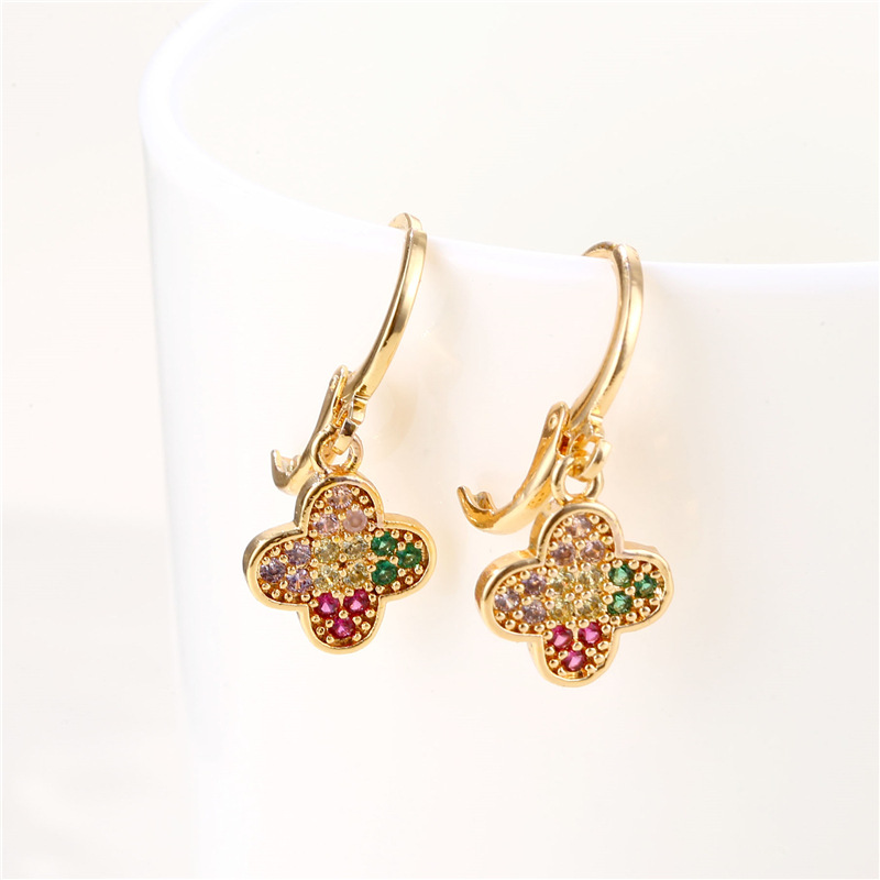 European and American Elegant Color Clover Eardrop Gold-Plated Mixed Color Zircon Clover Earrings Female Cross-Border Sold Jewelry Supply