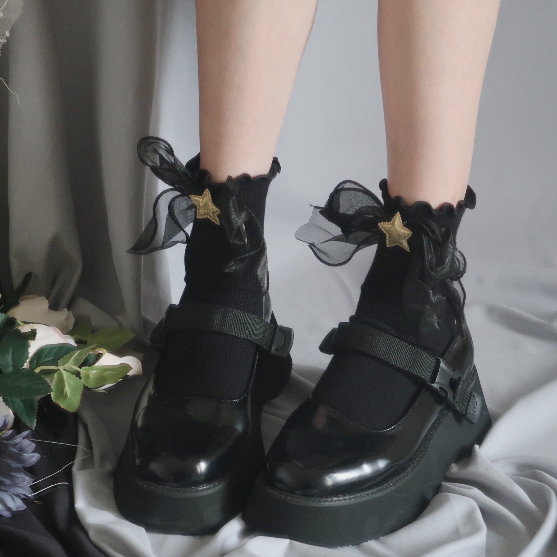 蝴蝶结木耳边花边全棉袜lolita可爱jk堆堆袜女中筒袜黑白色洛丽塔