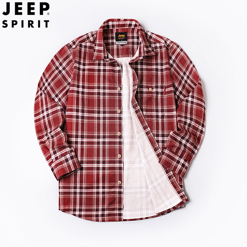jeep spirit棉衬衣方格宽松刺绣格纹经典休闲上衣商务男士春秋款.