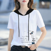 春夏短袖T恤女2024夏季韩版宽松显瘦薄款卫衣时尚印花连帽打底衫