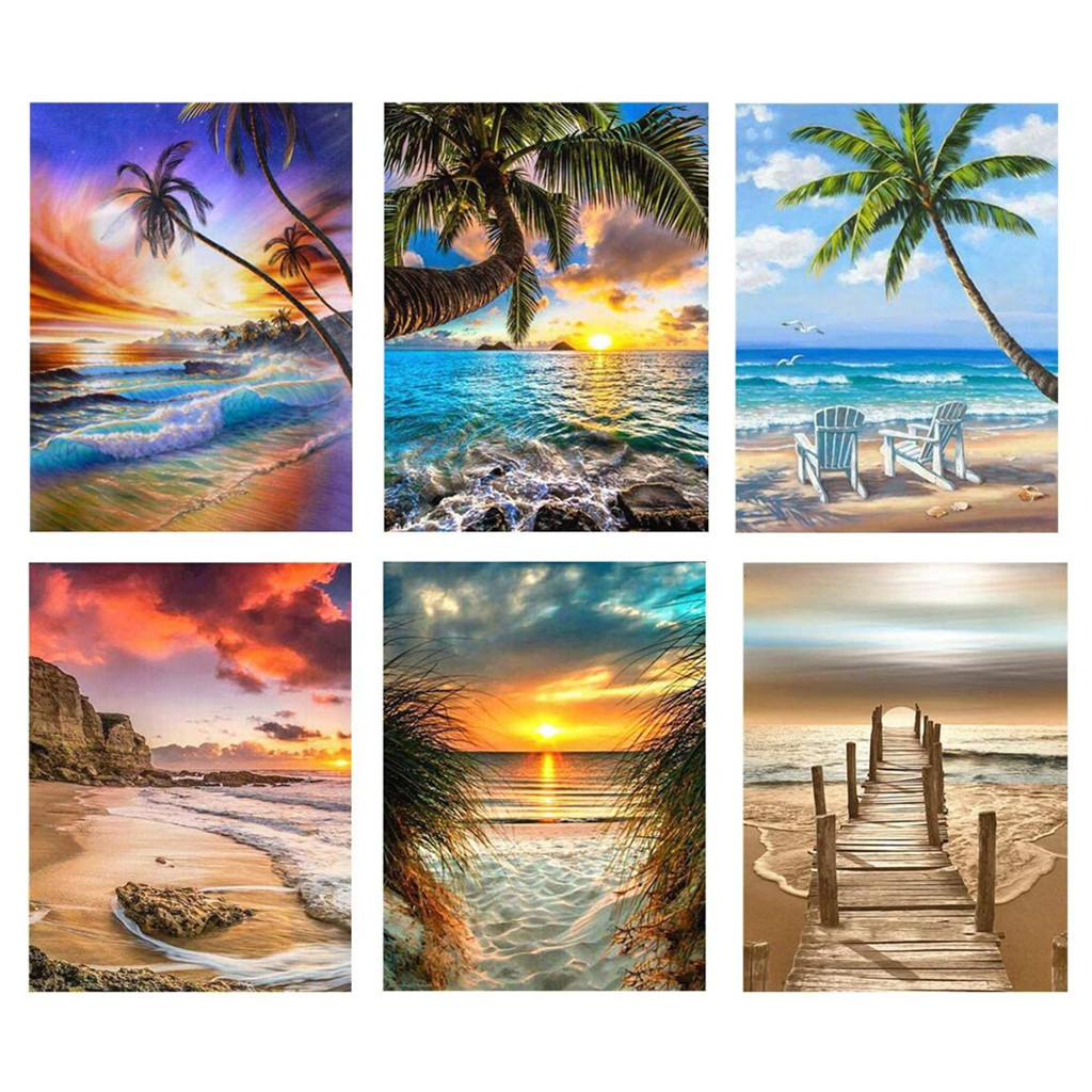 外贸新款5ddiy钻石画海滩椰子树满钻风景组合装饰画