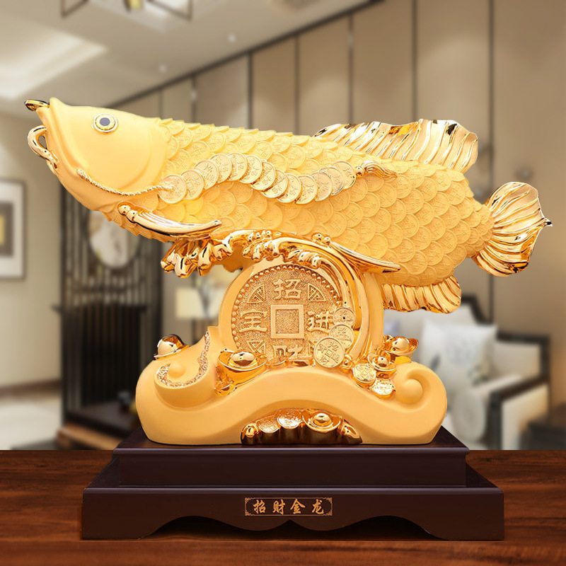 电镀金色聚财金龙招财龙鱼创意工艺摆件树脂工艺品礼品家居摆设