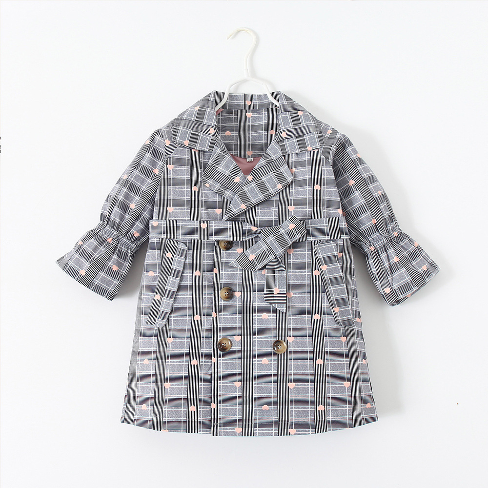 韩版女童秋装翻领外套新款跨境外贸童装长袖双排扣格子复古风衣