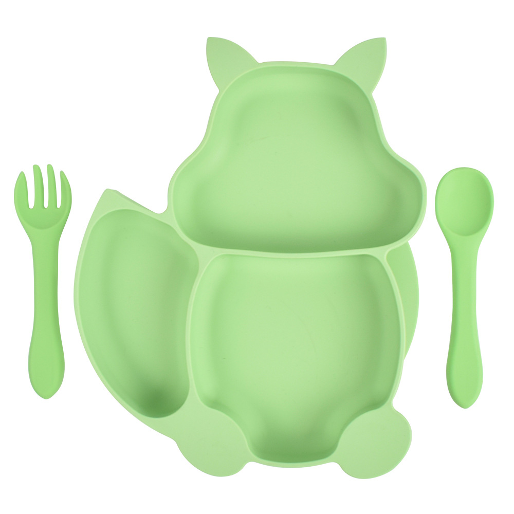 Squirrel Compartment Children's Tableware Baby Silicone Solid Food Bowl Baby Spork Integrated Children's Silicone Service Plate