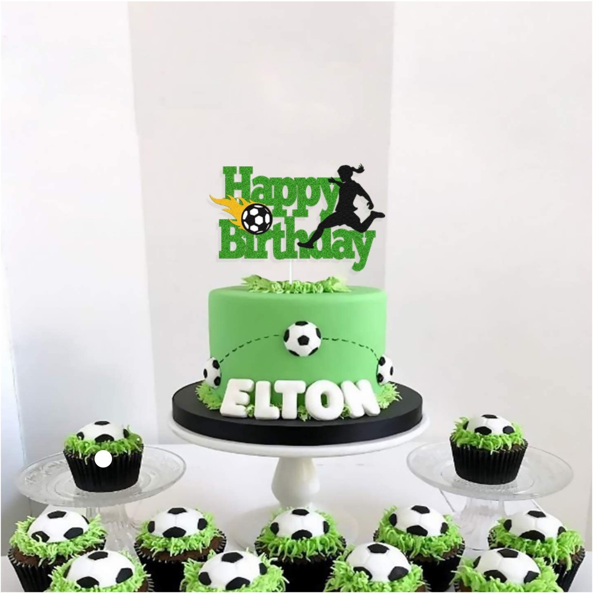 创意男子女子足球蛋糕装饰 足球场运动主题生日快乐甜品台插签