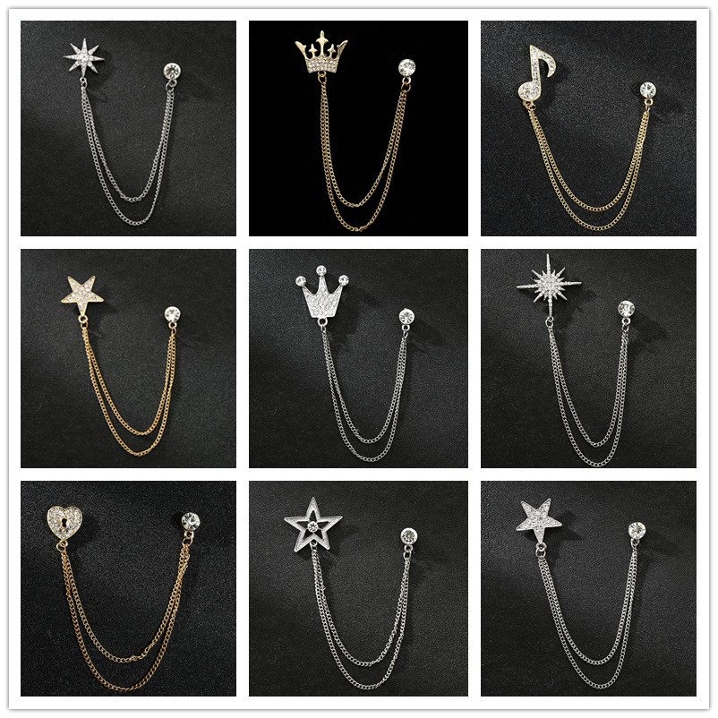 men‘s suit korean style crown brooch korean style chain collar pin suit five-pointed star pin corsage simple accessories