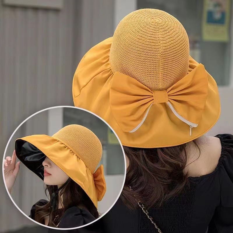 Hat Women's Fashion Summer Vinyl Sun Hat Big Brim Sun Hat Uv Protection Cover Face Bow Sun Hat