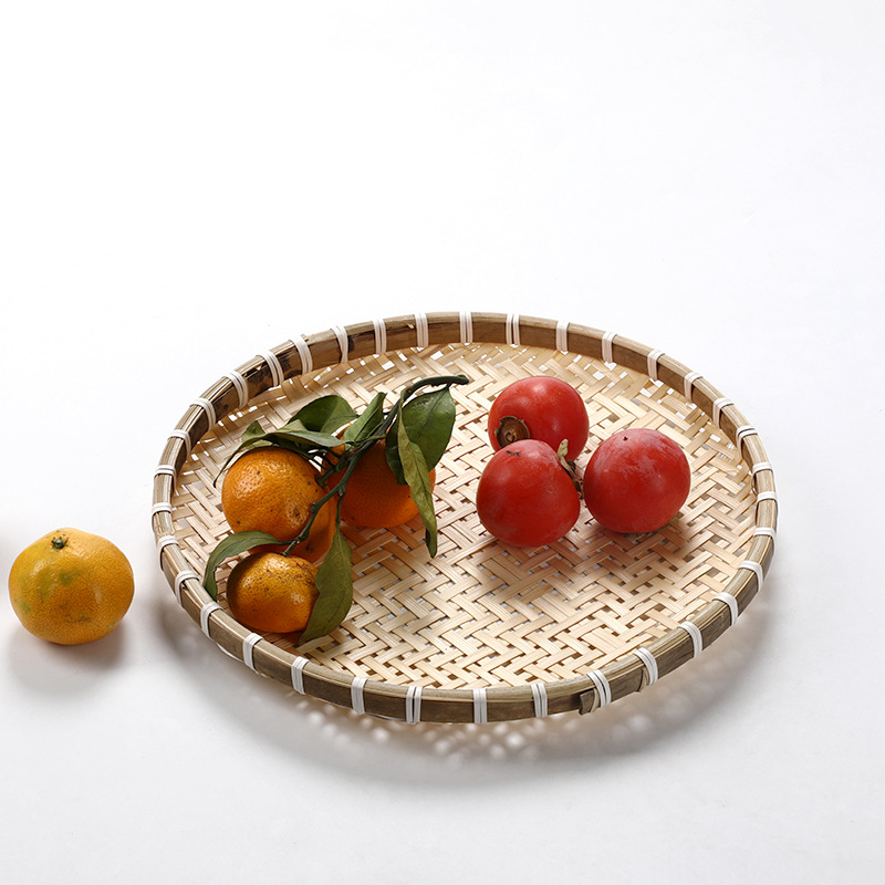 手工竹编圆形簸箕 竹筛子 家用竹制水果篮 创意编制竹托盘收纳筐