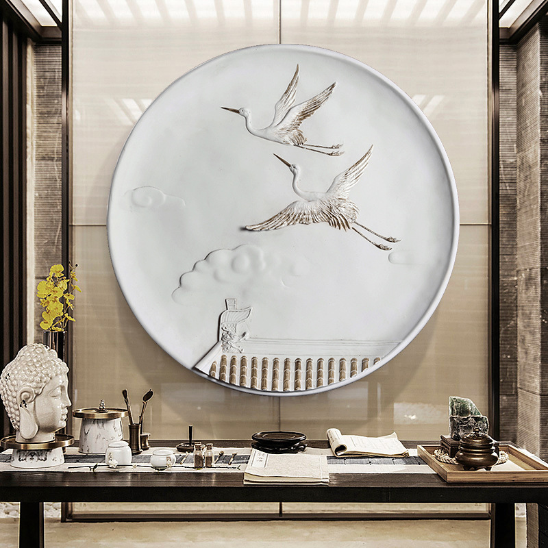 新中式玄关浮雕装饰画中国风圆形立体壁画客厅沙发背景墙手绘挂画