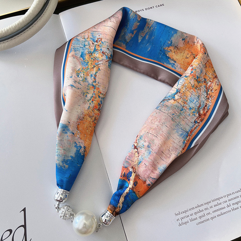 XDE New Pearl Magnetic Snap Silk Scarf Spring and Autumn Professional Scarf Versatile Thin Narrow Long Sunscreen Scarf Female Imitation Ribbon