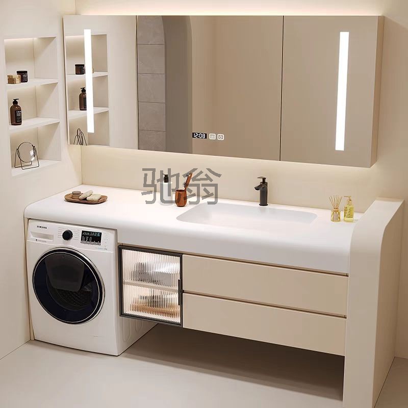 r里可丽耐一体盆洗衣机柜组合浴室柜岩板无缝陶瓷盆卫生间洗手洗