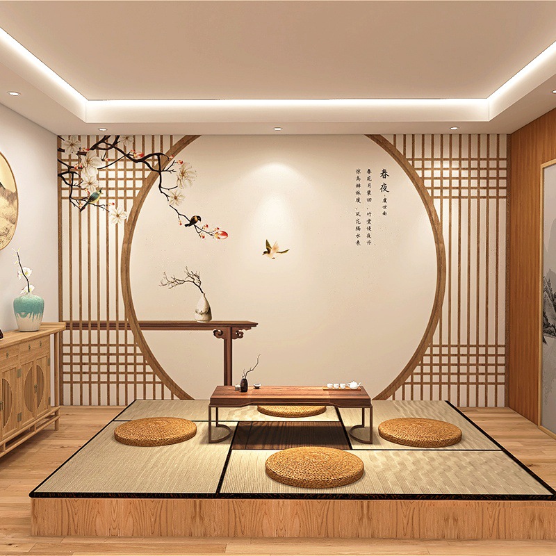 中式古风木格栅装饰壁纸国粹诗词壁画禅意背景墙布茶室养生馆墙纸