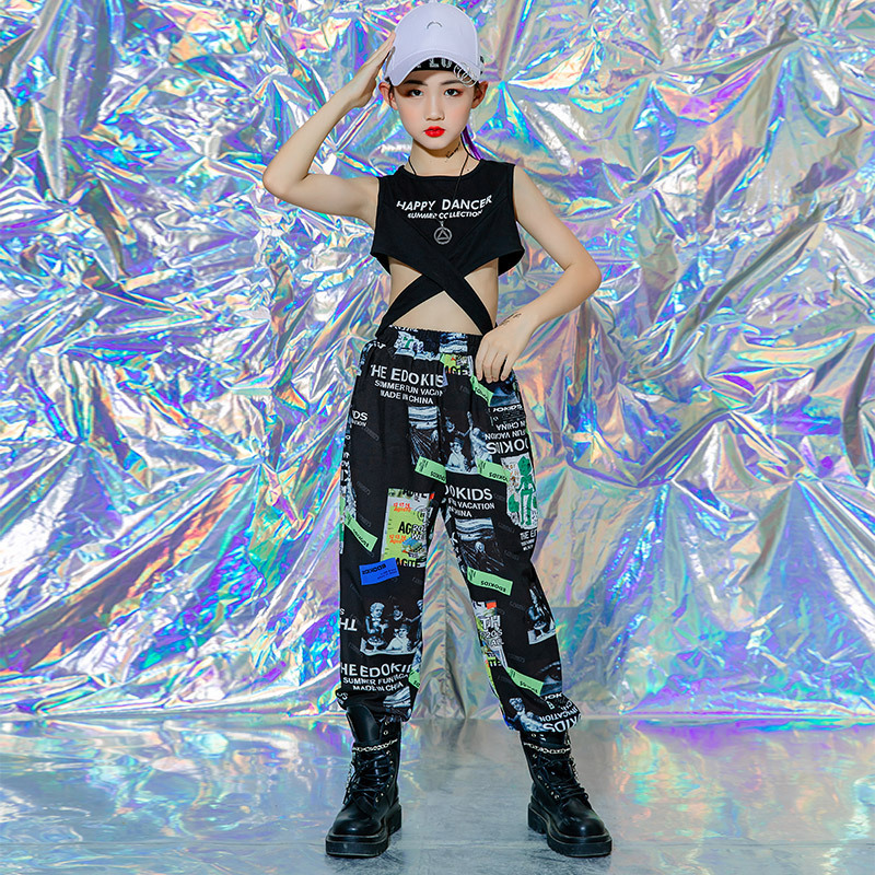 女孩爵士舞演出服女童露脐表演套装少儿模特走秀潮服儿童街舞潮装