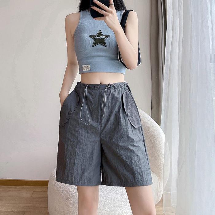 Workwear Shorts Women's Summer Thin 2023 New Khaki A- line Casual Loose Wide Leg Sports Fifth Pants