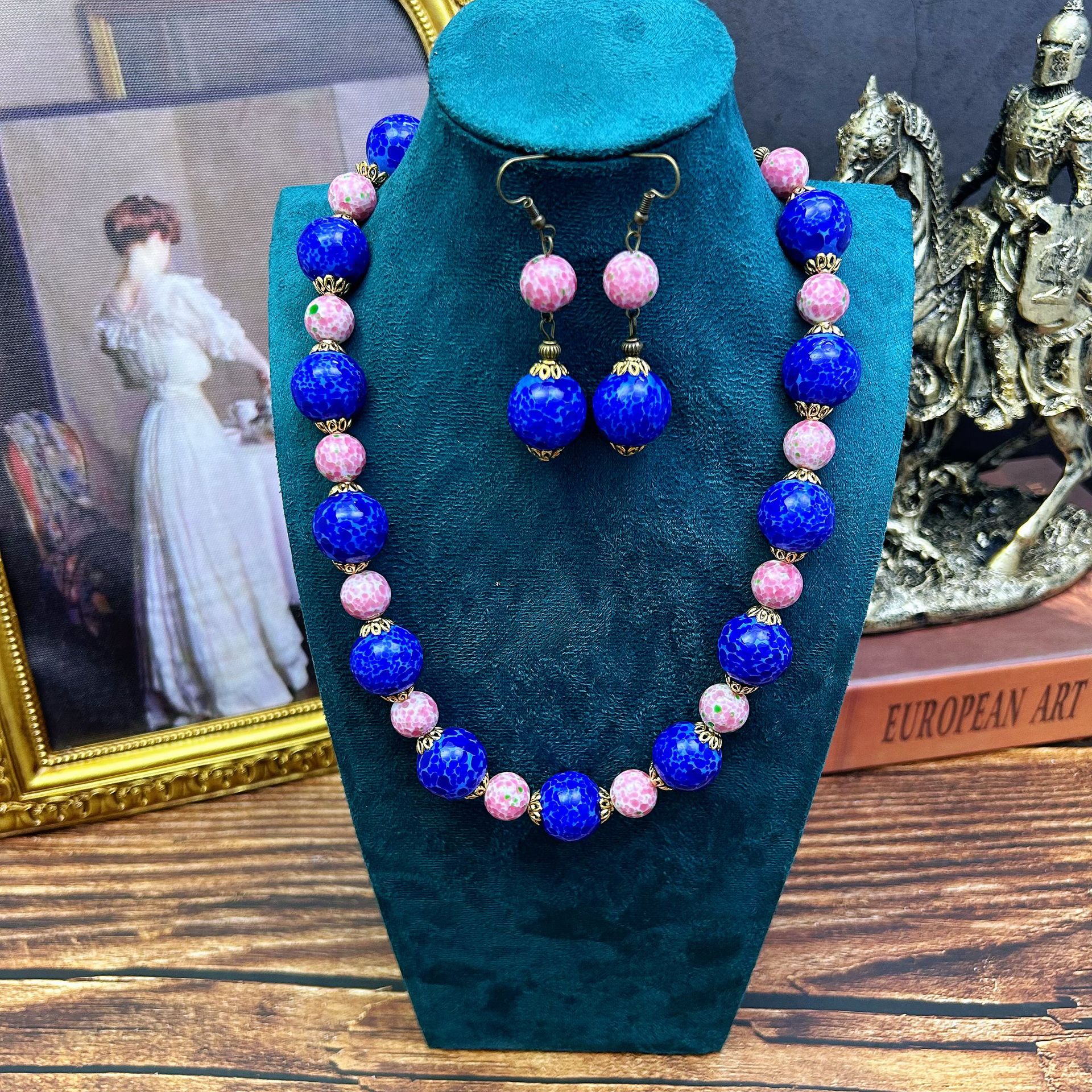 中古vintage琉璃饰品复古手工蛙皮蓝色古法工艺项链女士手链耳饰