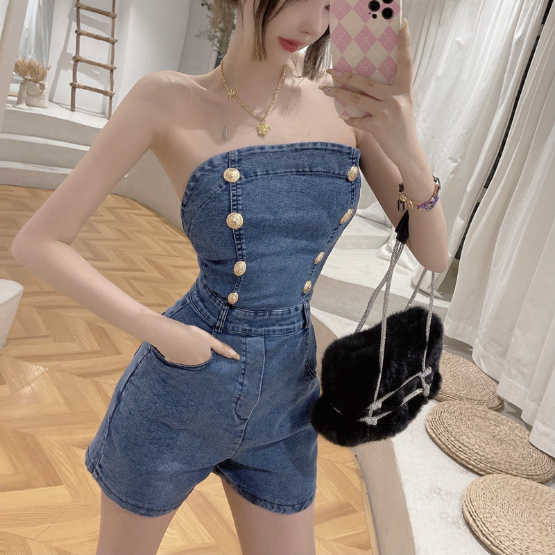 2022新款法式复古高腰显瘦抹胸连衣裤时尚牛仔连体裤阔腿短裤