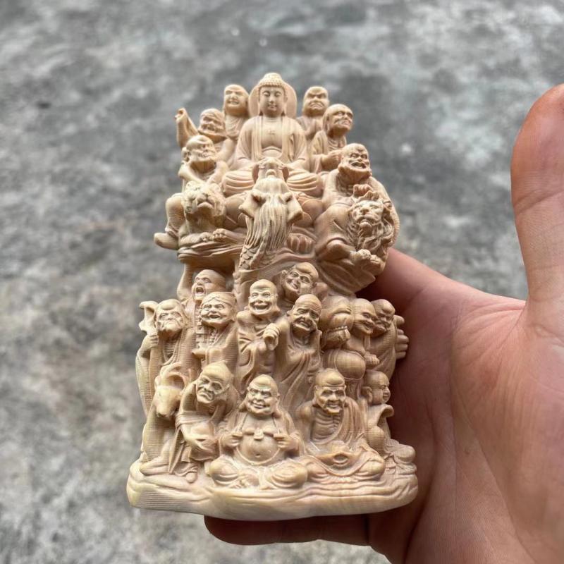 崖柏黄杨木雕十八罗汉佛像摆件实木雕刻降龙伏虎家居乔迁工艺礼品