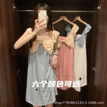 pajamas工厂爆款宽松胖MM睡裙睡衣女货源夏季甜美性感吊带蝴蝶结