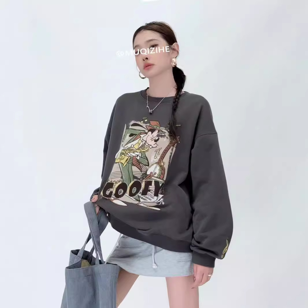 涂鸦水洗毛圈复古做旧卫衣女款2024新款爆款酒红色圆领外套秋装女