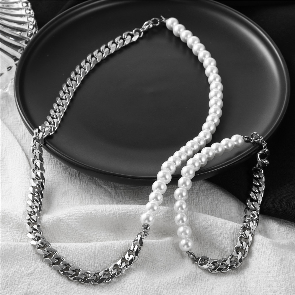 Stitching Stainless Steel Cuban Chain Pearl Chain Necklace Men's Colorfast Titanium Steel Men's Pearl Necklace Trendy Cool