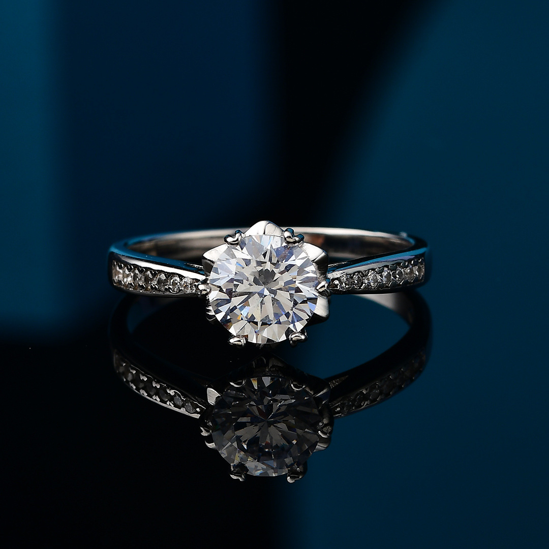 5-1-2 微镶直臂雪花莫桑钻戒女s925银镀金au750婚戒指空托批发