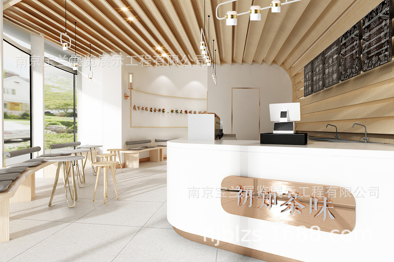 小清新日系风格奶茶店设计效果图制作奶茶店吧台展示柜定制