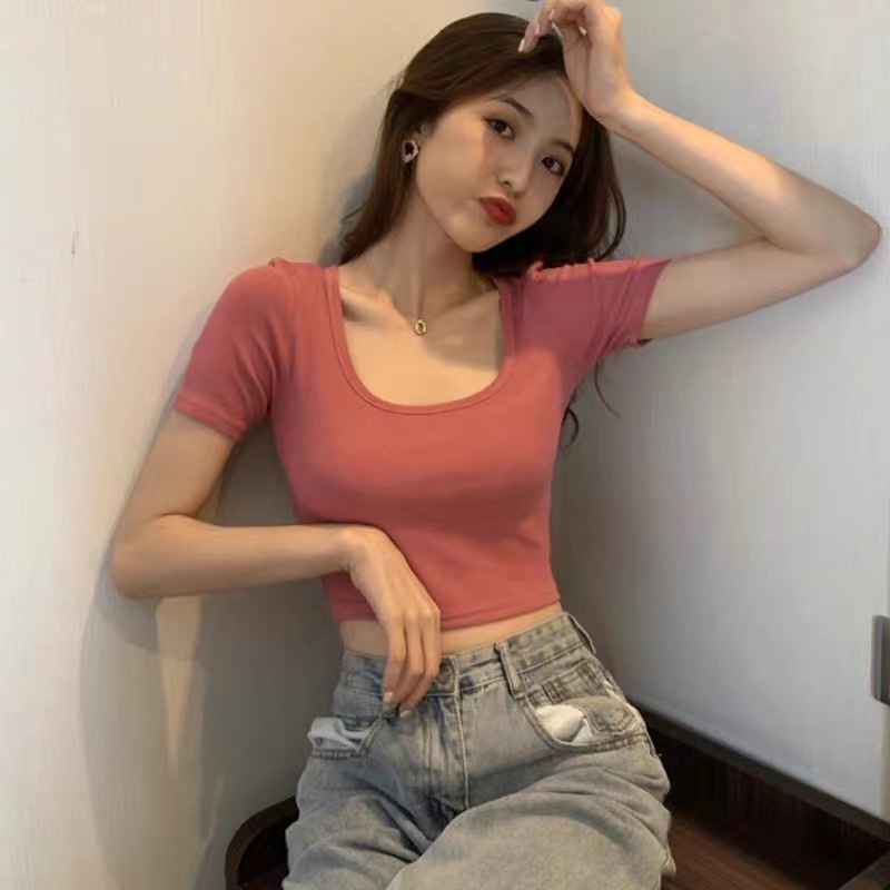 夏季纯欲辣妹性感短款t恤女u领螺纹打底衫短袖显瘦别致小上衣ins