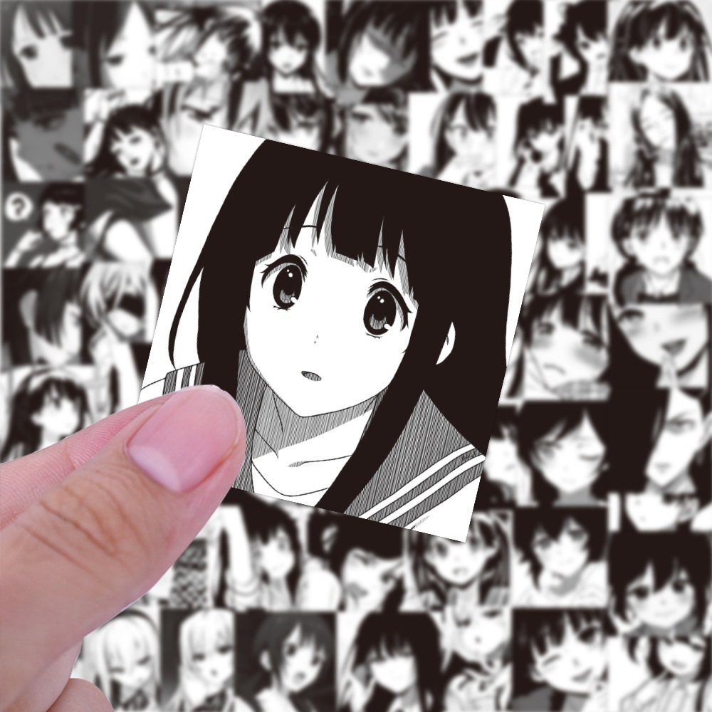 60张日系黑白女头涂鸦贴纸笔记本电动车滑板车防水动漫装饰贴批发