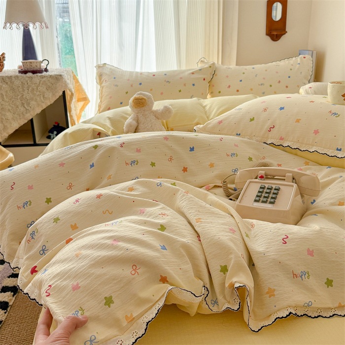 跨境纯原棉双层纱四件套床笠款被套柔软亲肤宿舍三件套床上用品