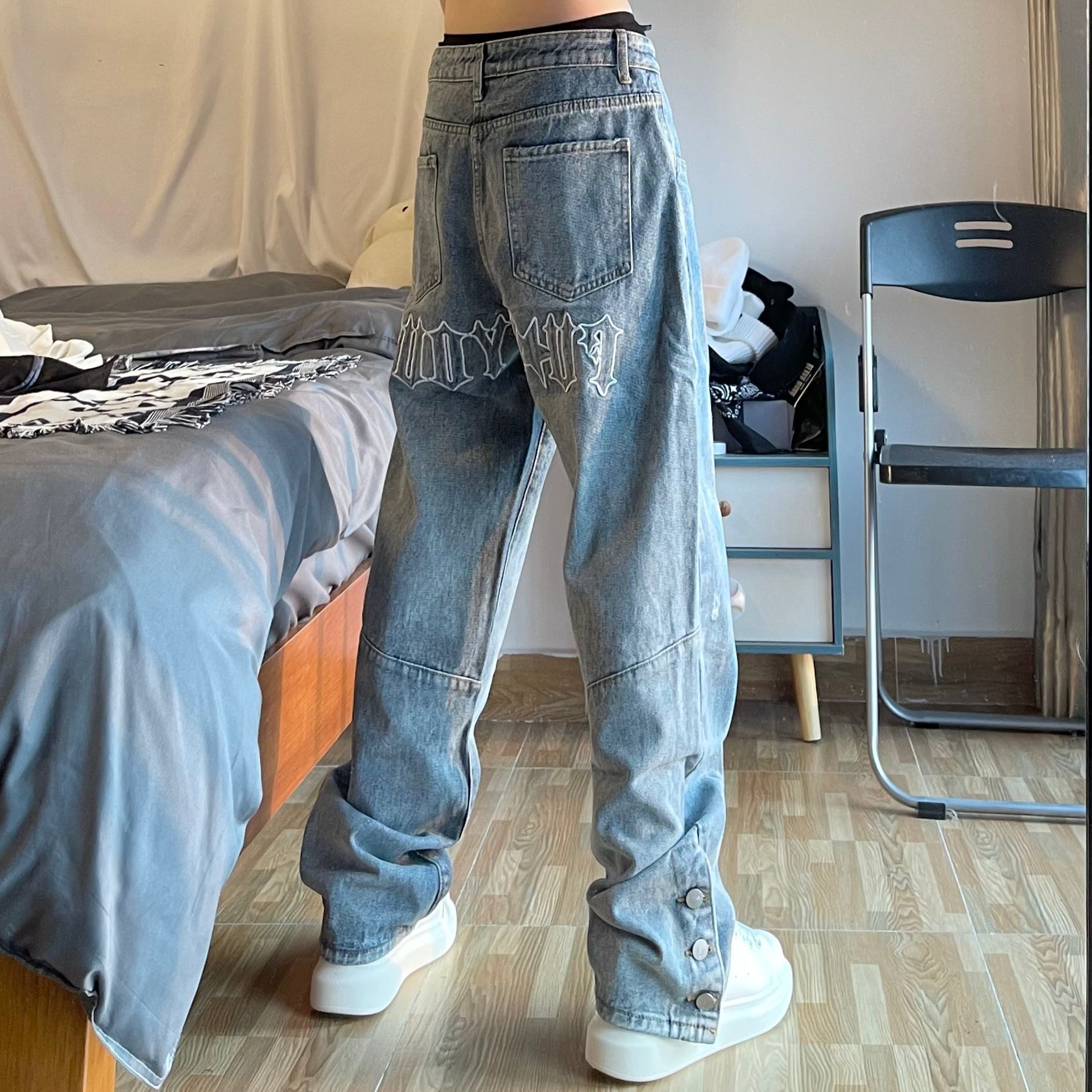 European and American High Street Fashion Brand Embroidery Breasted Jeans Men's Vibe Style Blue Loose-Fitting Hip Hop Fried Street Casual Trousers Fashion