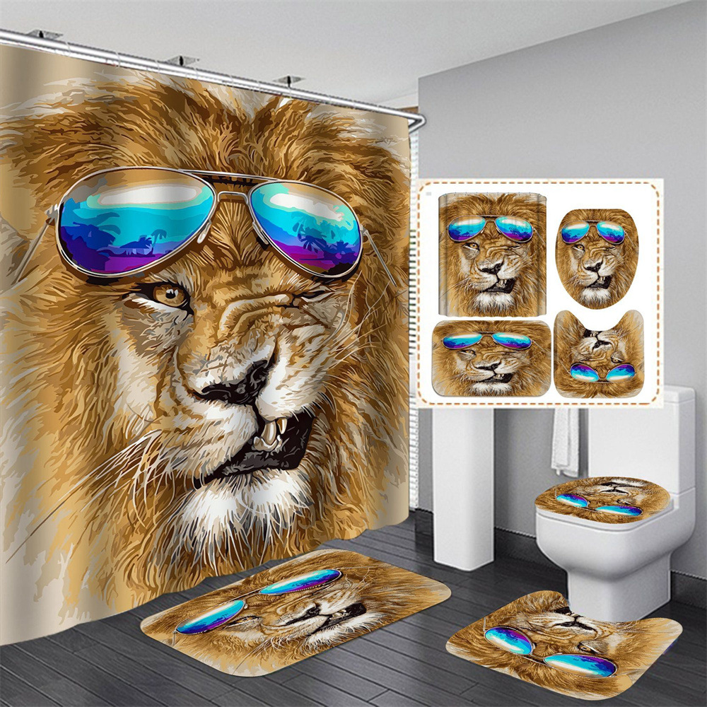 3D Digital Printing Waterproof Bathroom Set Tiger Lion Elephant Animal Shower Curtain Four-Piece Set Toilet Mat Suit