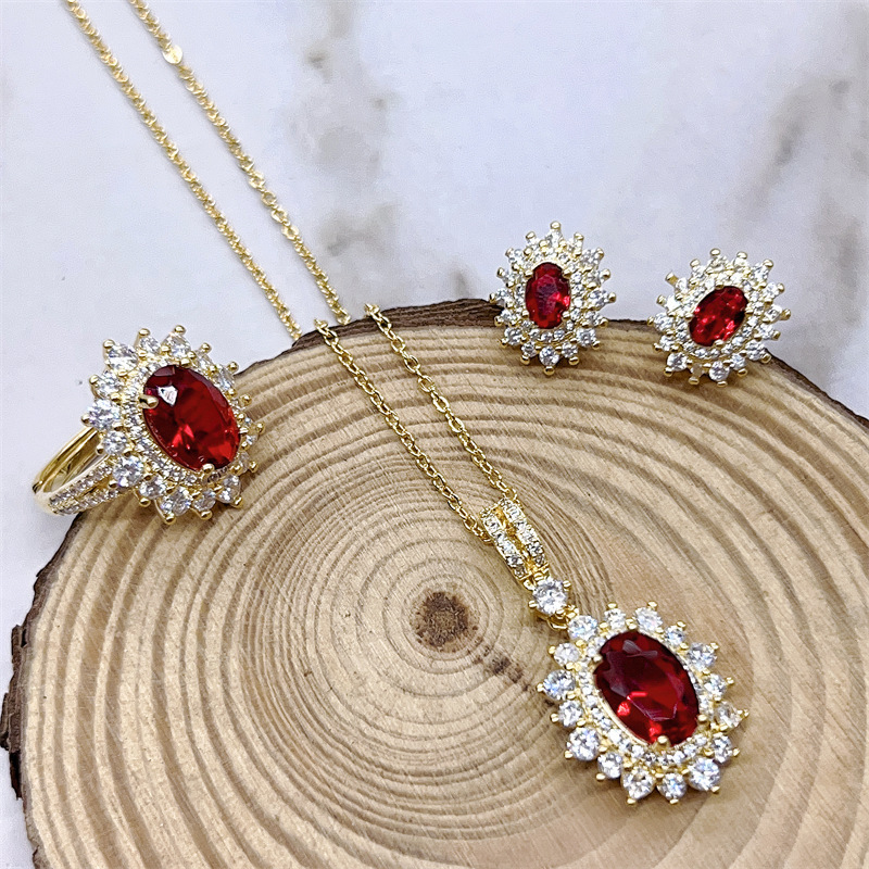 新款鸽血红锆石三件套项链耳饰戒指彩宝红宝石小众设计百搭款