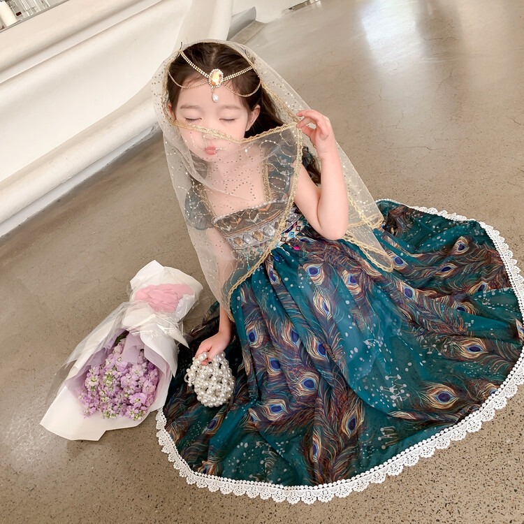 女童孔雀公主连衣裙儿童西域风异域风印度舞表演服民族风吊带裙子