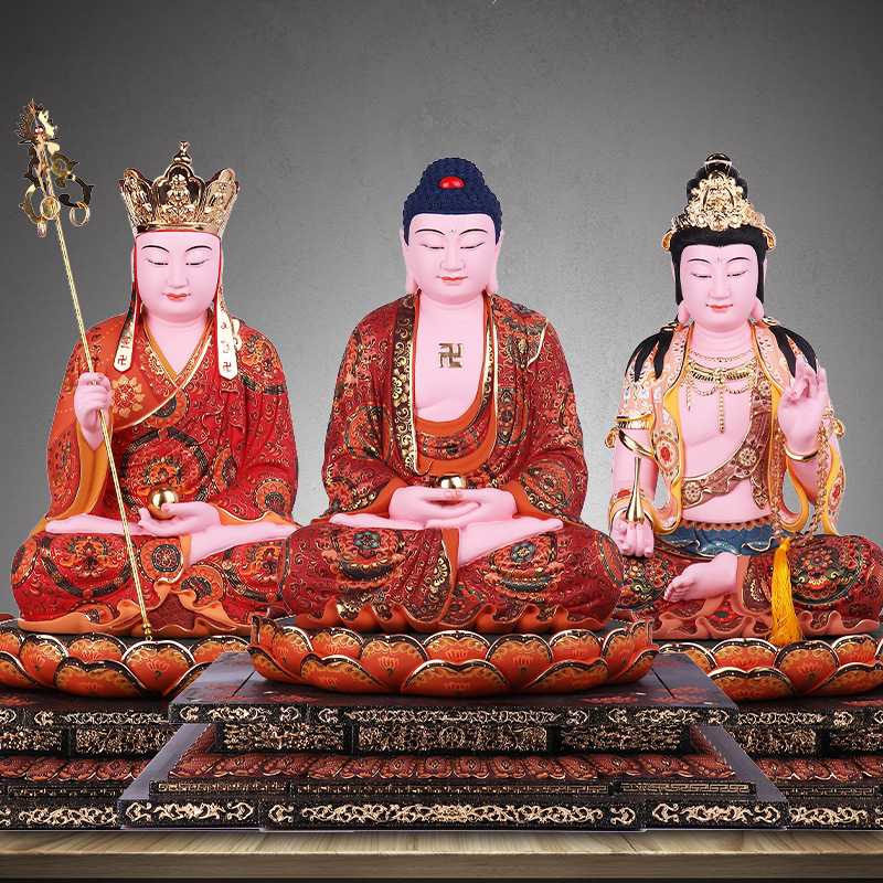 三漫陀樟木地藏王菩萨19寸娑婆三圣像释迦牟尼佛观音佛像家用供奉