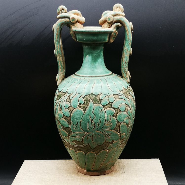 宋磁州窑绿釉刻牡丹花双龙尊瓶仿出土老货古玩古董老物件收藏摆件