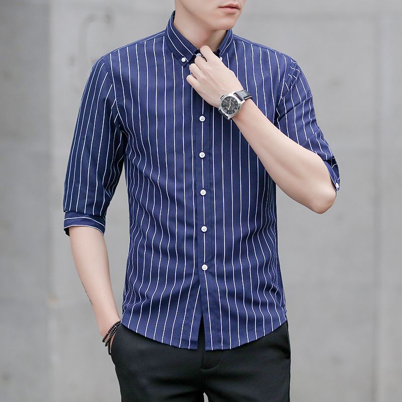 Summer New Men's Short Sleeve Shirt Half Sleeve Striped Slim Fit Shirt Korean Style Handsome Half Sleeve Shirt Half Sleeve