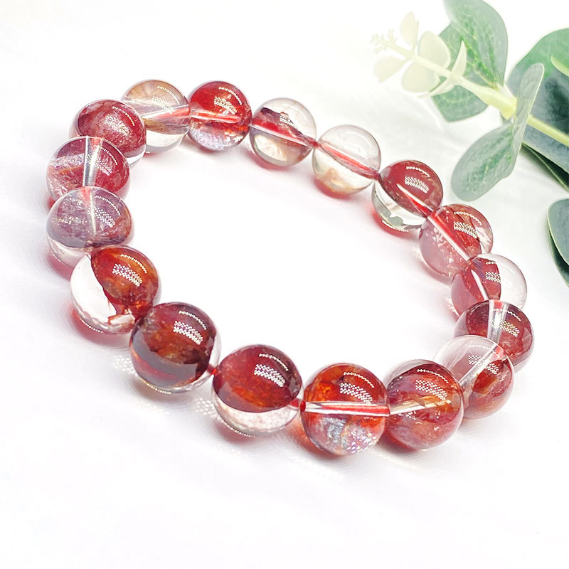 唐元珠宝天然牛血红胶花手串红凤鸩羽幽灵水晶民族风红胶花手链