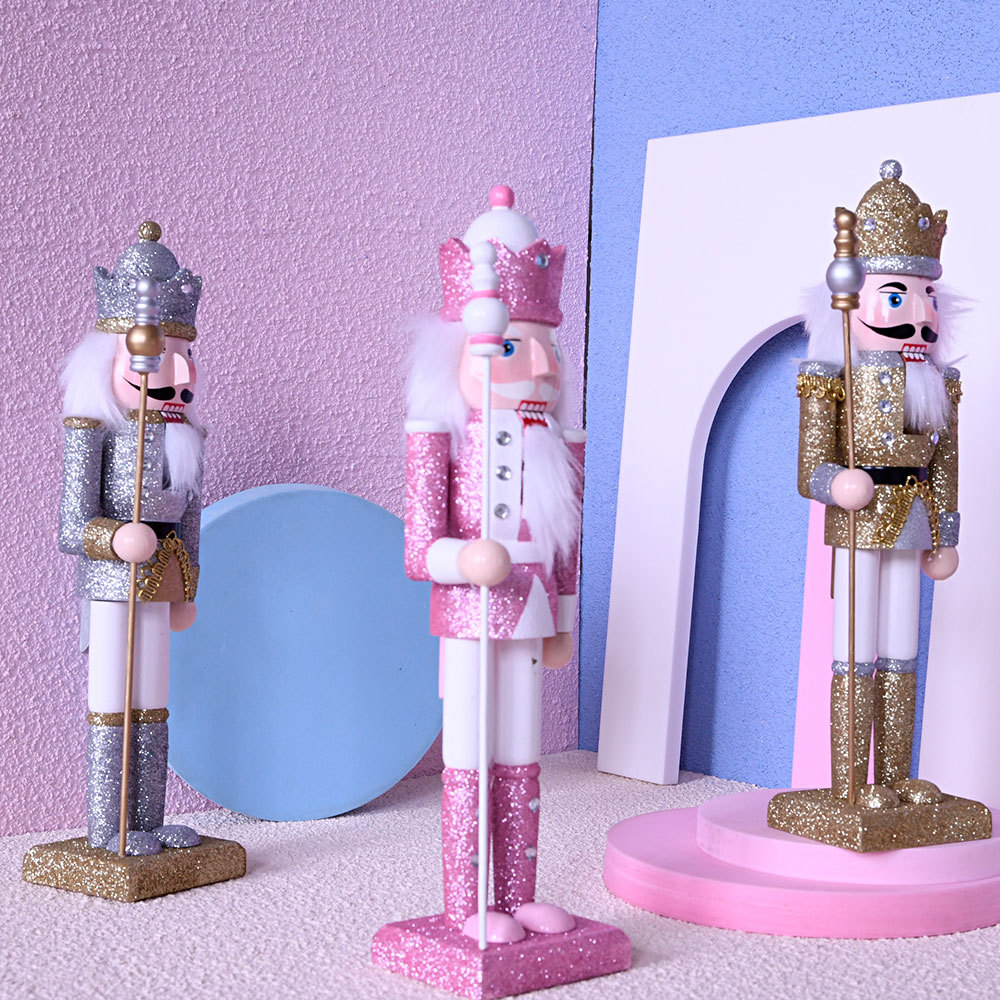 30cm European Style Glittering Powder Nutcracker King Wooden Craftwork Theaceae Cartoon Christmas Decorations Small Gift