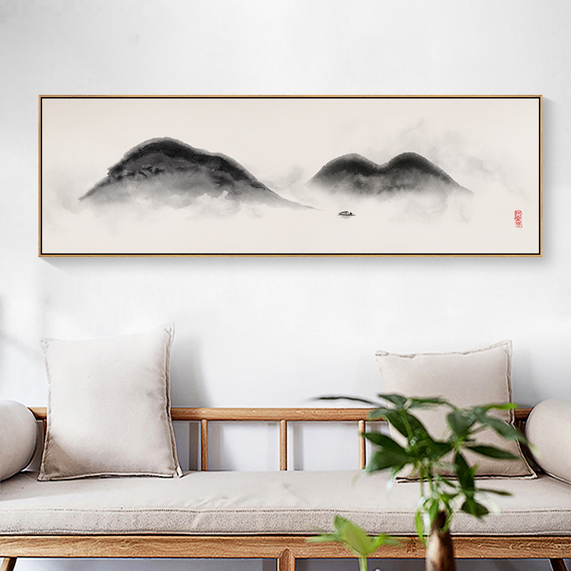 水墨画新中式客厅装饰画大气山水国画靠山画卧室床头书房茶室挂画