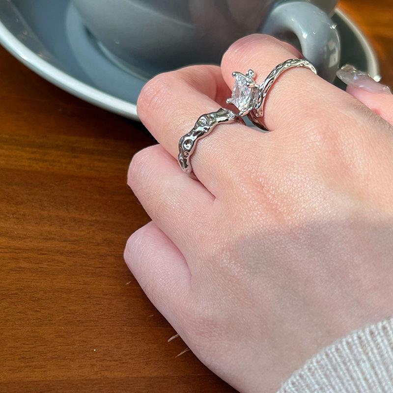 小红书同款纯银交错锆石戒指冷淡风ins熔岩纹理异形小众开口指环