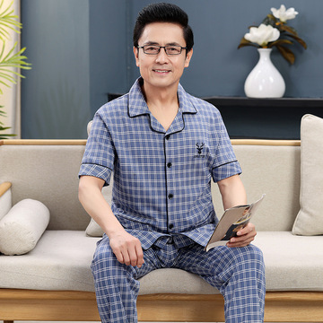 夏季中老年人男士纯棉睡衣爸爸家居服套装男开衫短袖长裤宽松大码