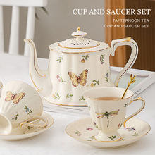 欧式昆虫图案陶瓷咖啡杯碟套装带勺复古英式下午茶水杯水壶厂家销