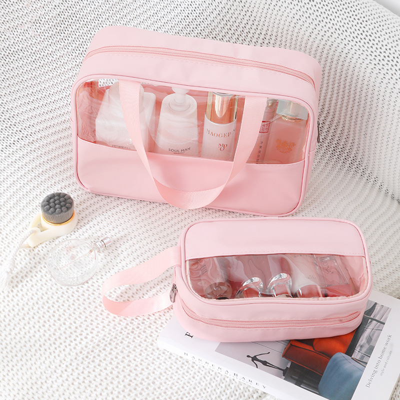 New Pu Transparent Waterproof Wash Bag Large Capacity Convenient Handbag Bath Buggy Bag PVC Stitching Cosmetic Bag