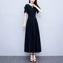 2024夏季新款高级感优雅气质长裙显瘦高腰圆领裙子黑色短袖连衣裙