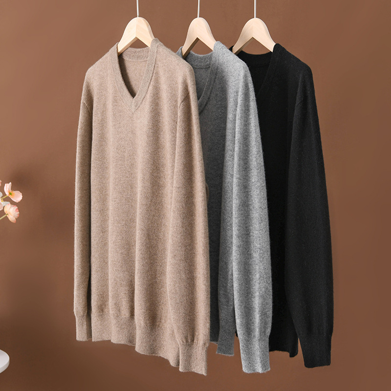 男士高端毛衣纯喀什米尔羊绒v领基础款百搭保暖羊绒衫秋冬纯色羊