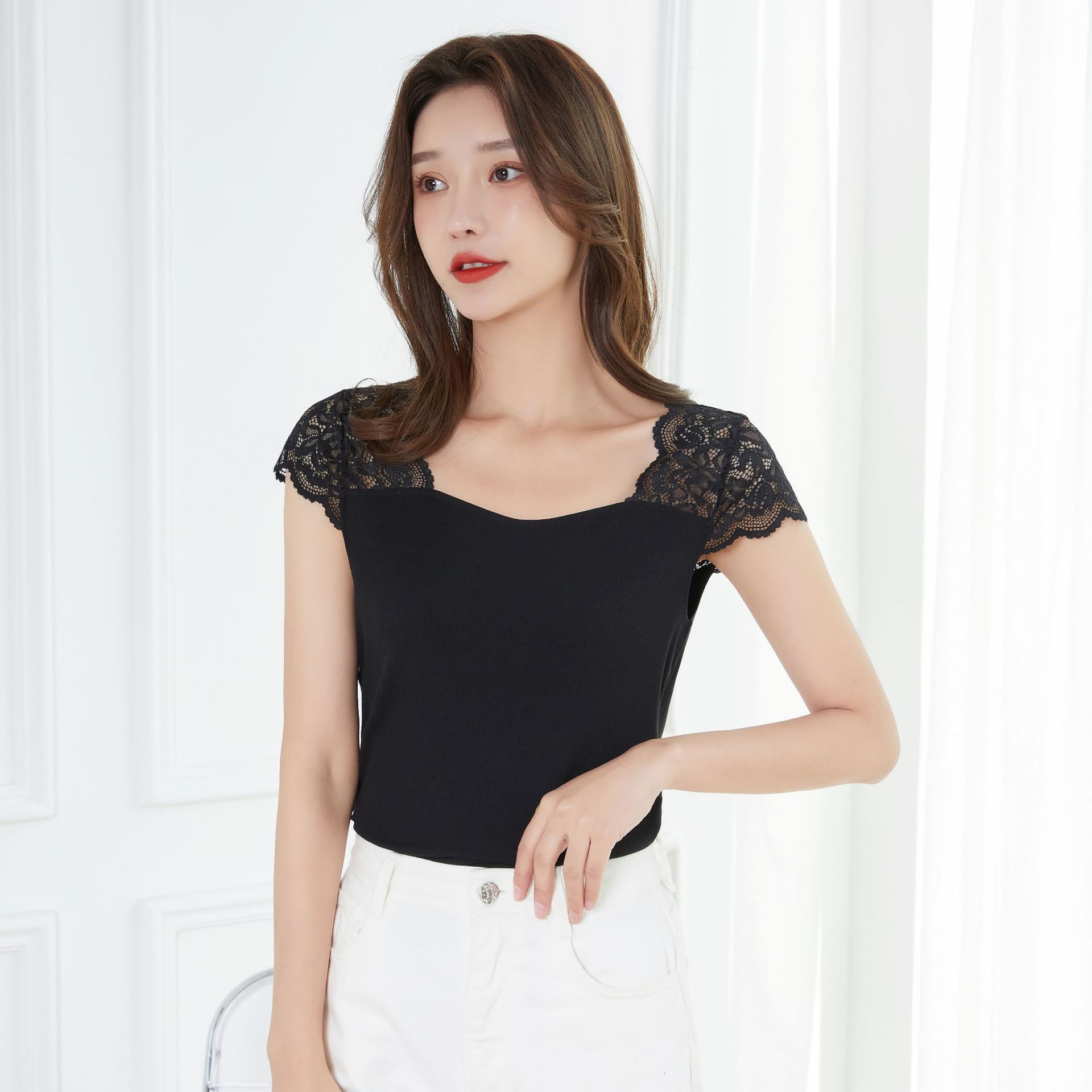 女士气质短袖西装内搭方领背心蕾丝拼接抹胸t恤修身纯色女装上衣