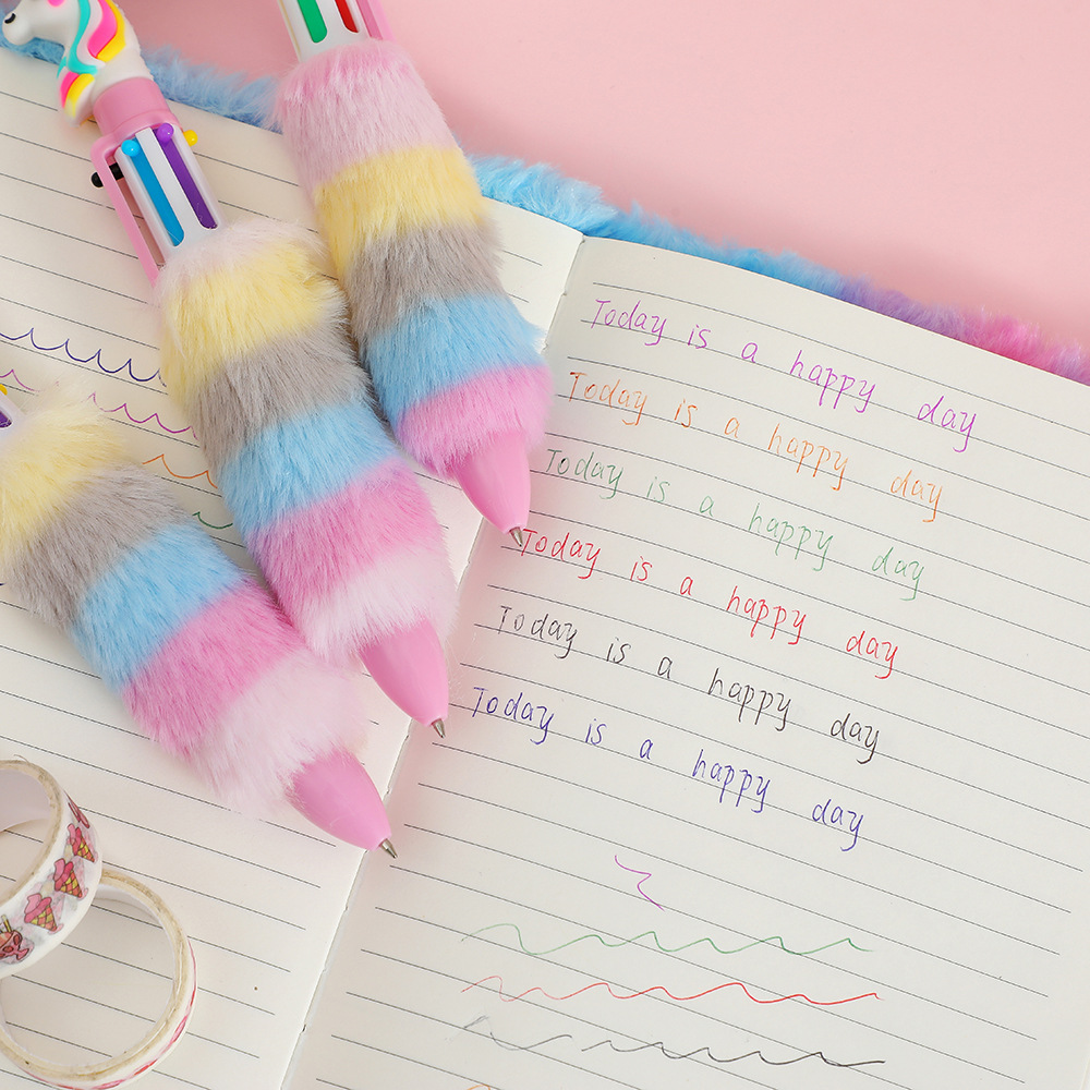 Girl Cartoon Unicorn Plush Ballpoint Pen Children Cute Six-Color Press Stationery Journal Pen