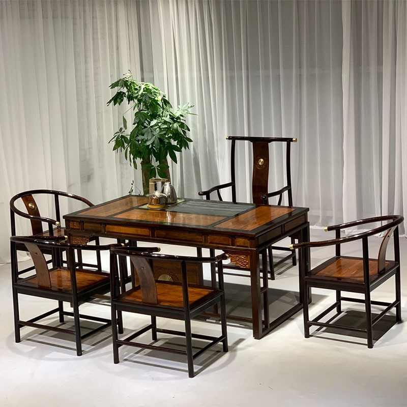 新中式实木家具茶桌茶台黑檀 檀香双色《明韵茶桌》包铜款 六件套