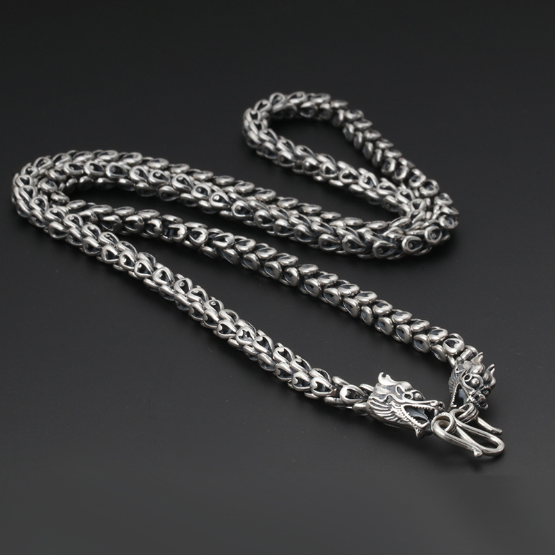 925纯银银饰品 复古泰银工艺 经典时尚个性霸气双龙头男士款项链