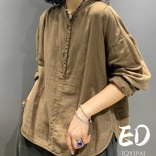 ed3626双层棉麻圆领开筒衬衣2023新款宽松大码休闲T恤打底上衣女